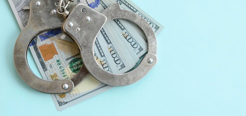 police handcuffs on top of money