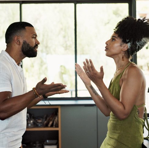 Couple, angry and conflict with fight in kitchen for marriage fail, frustrated and toxic relationsh.